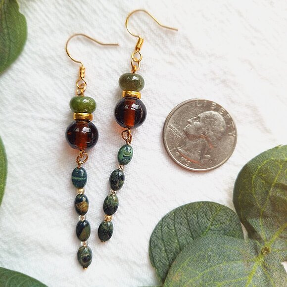Kambaba Jasper & Tourmaline Earrings – Boho Witchy Dangle Earrings, Whimsigoth - Picture 2 of 9